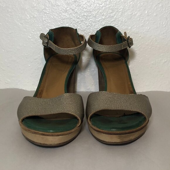 KUPURI Heels Women's Size US7.5 Green Silver Anthropologie Peep Toe Slingback - Picture 3 of 14